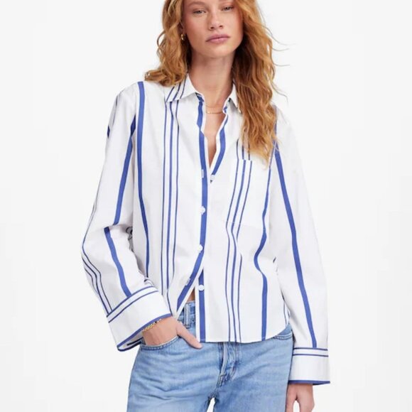 NWT Madewell White and Blue Poplin Easy Y-Neck Button-Up Shirt - Size: XXS - Picture 1 of 13